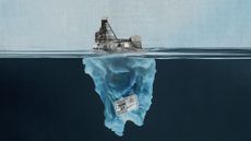 Photo collage of an iceberg. Above water, instead of ice the Yellowknife mine is visible. Below water, the iceberg is veined with shimmering chemicals.