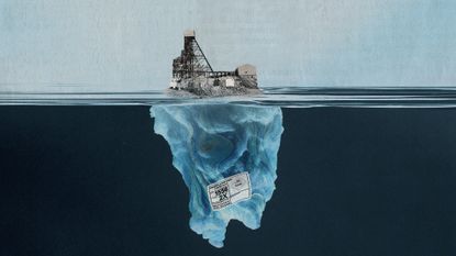 Photo collage of an iceberg. Above water, instead of ice the Yellowknife mine is visible. Below water, the iceberg is veined with shimmering chemicals.