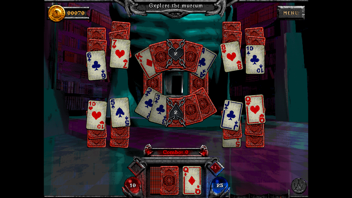 A solitaire tableau in Forbidden Solitaire's The Discarded DLC with chains wrapped around cards indicating a specific suit.