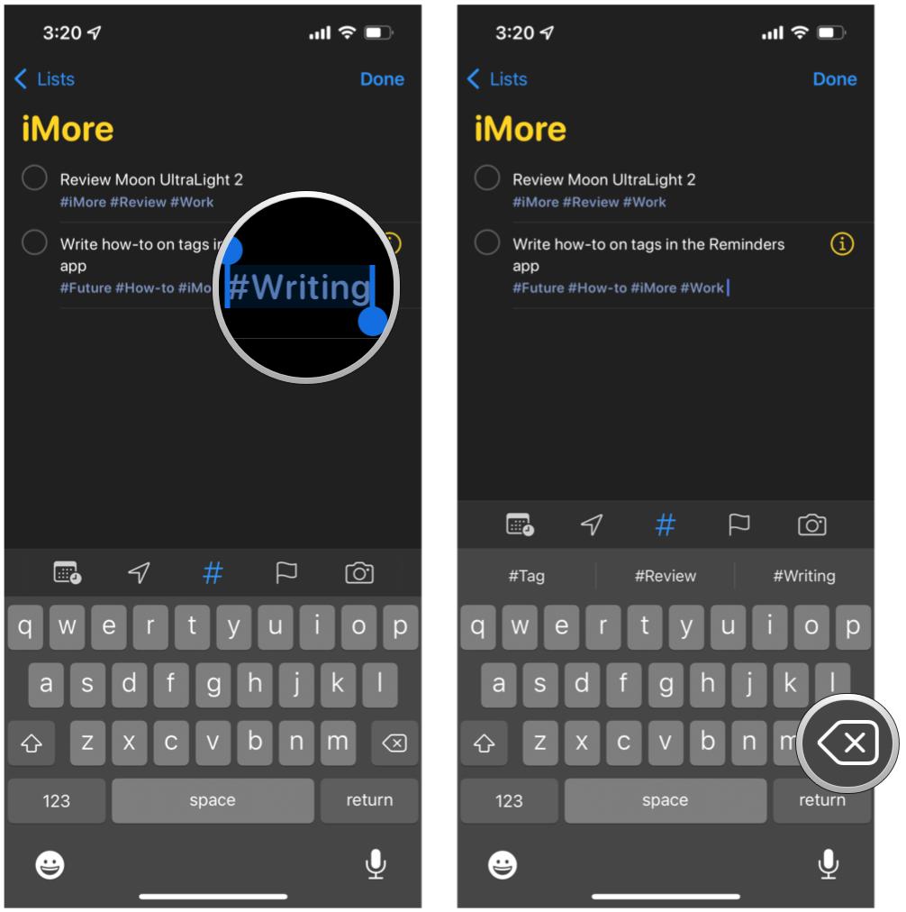 Remove a tag in a reminder on iPhone by showing: Tap the tag on a reminder, tap Delete on the keyboard