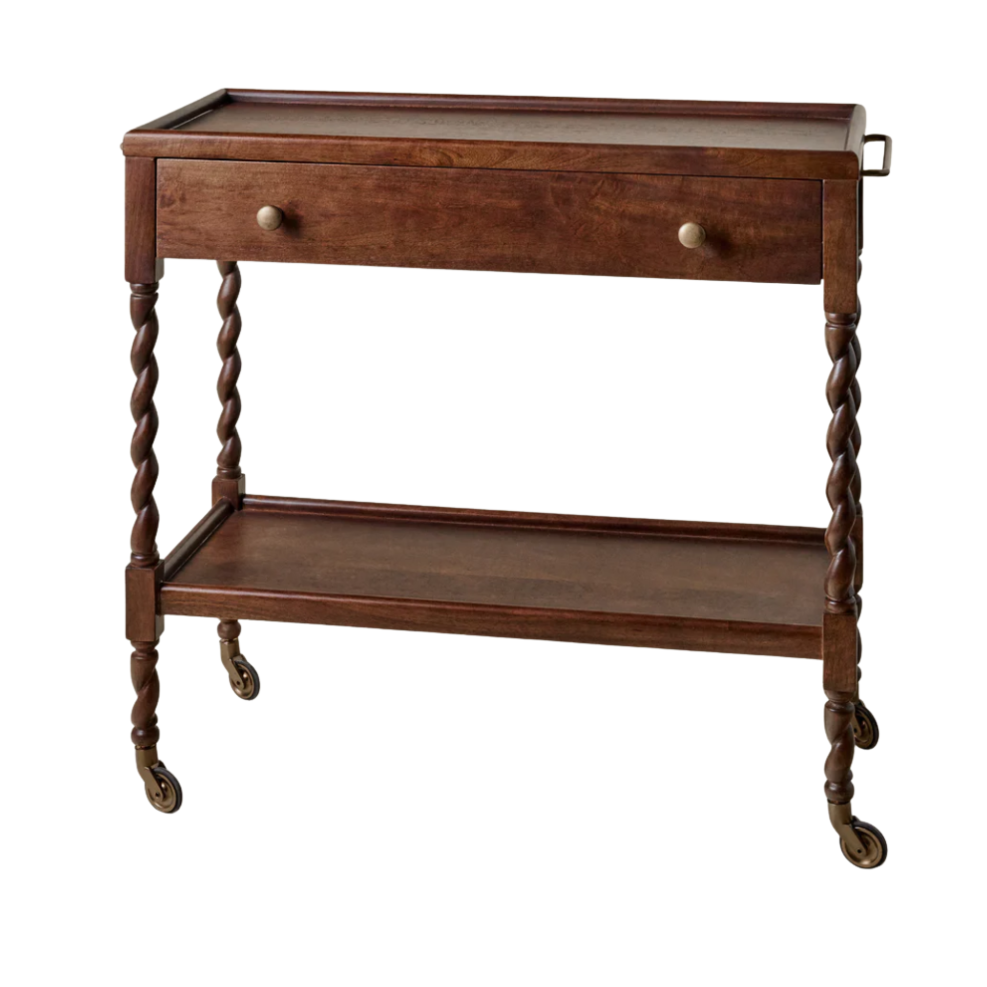 a bar cart with a twisted wood base