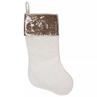 cream Christmas stocking with a sparkly top