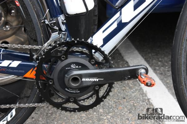 SRAM carbon crankarms and chainrings are connected to an SRM power meter on this Champion Systems Fuji.
