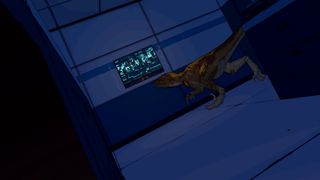 A Jurassic World: Aftermath screenshot, showing a velociraptor checking a screen that the player broke.