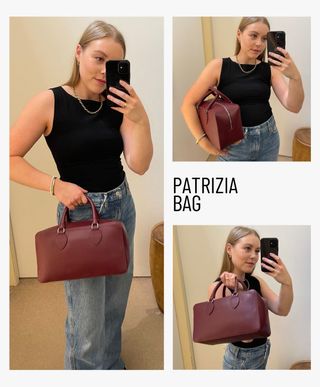 Woman carries burgundy Patrizia bag