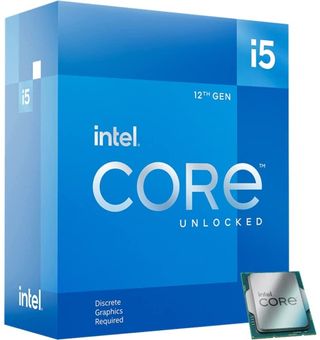 A Intel Core i5-12400 ved siden af æsken på hvid baggrund