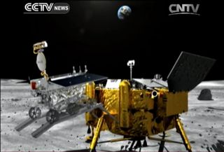 An artist's depiction of China's Yutu rover being deployed on the moon by the Chang'e 3 lunar lander is shown in this still image from a state-run CNTV TV broadcast. Chang'e 3 landed on the moon on Dec. 14, 2013.