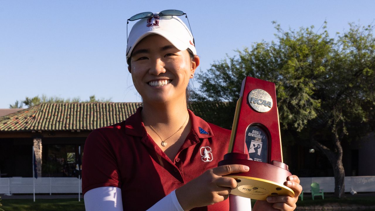 Rose Zhang with the trophy after victory in the 2023 Division I Women&#039;s Individual Stroke Play Golf Championship at Grayhawk