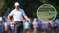 Rory McIlroy weighs up a putt at the 2024 US Open - inset photo shows 17th hole chip-in during round two