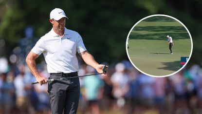 Rory McIlroy weighs up a putt at the 2024 US Open - inset photo shows 17th hole chip-in during round two