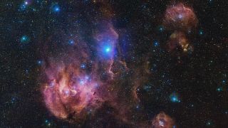 a gathering of red and pink gaseous nebulas in space in the vague shape of a chicken.