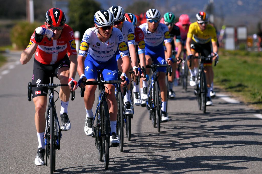 APT FRANCE MARCH 13 Michael Mrkv of Denmark and Team Deceuninck QuickStep Yves Lampaert of Belgium and Team Deceuninck QuickStep Kasper Asgreen of Denmark and Team Deceuninck QuickStep Zdenek Stybar of Czech Republic and Team Deceuninck QuickStep Maximilian Schachmann of Germany and Team Bora Hansgrohe Yellow Leader Jersey during the 78th Paris Nice 2020 Stage 6 a 1615km stage from Sorgues to Apt 234m ParisNice parisnicecourse PN on March 13 2020 in Apt France Photo by Luc ClaessenGetty Images