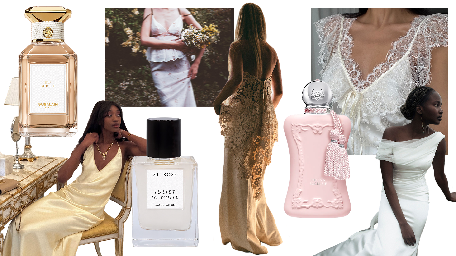 Photo collage of wedding day fragrances and women wearing white dresses 