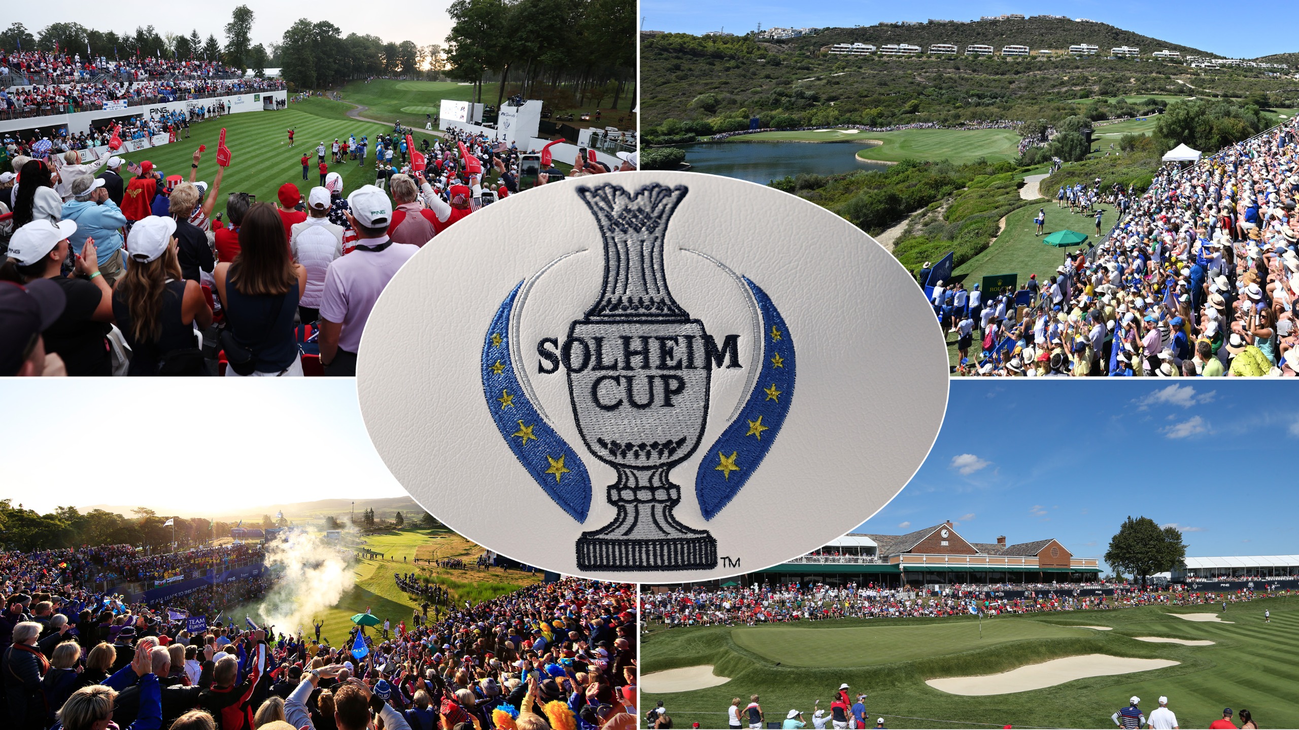 A Solheim Cup logo centered and four Solheim Cup golf courses