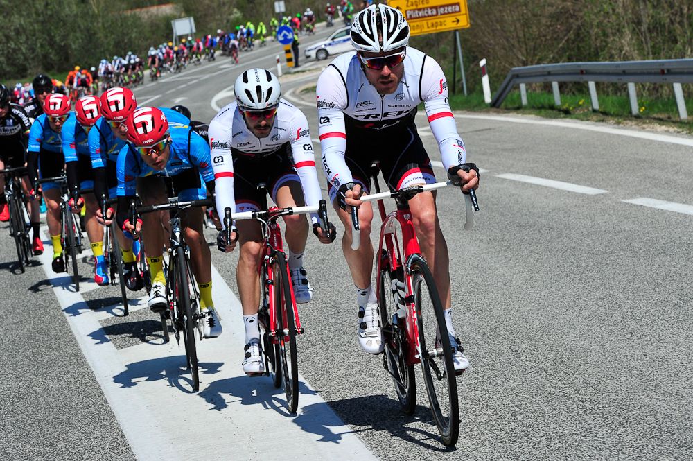 Trek - Segafredo riders pull the peloton