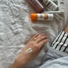 Eucerin Anti-Pigment skincare swatched on a hand