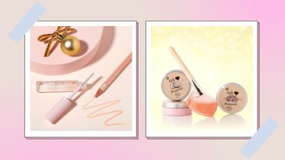 two of the best Superdrug gifts under £10—including a face mask set and a brow set—against a pink background