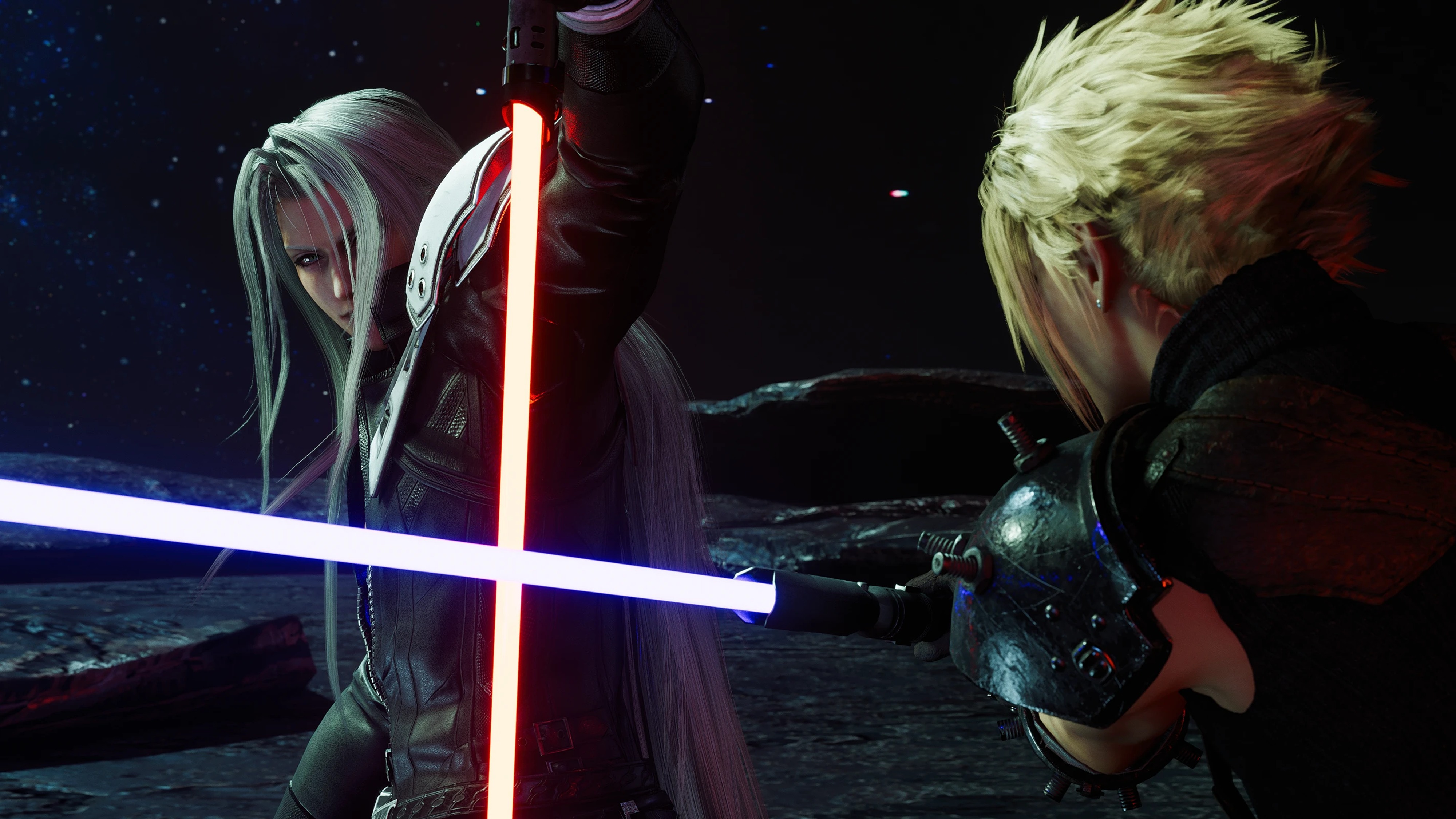 In-game screenshot of Cloud and Sephiroth using Lightsabers in a modded version of Final Fantasy VII Remake
