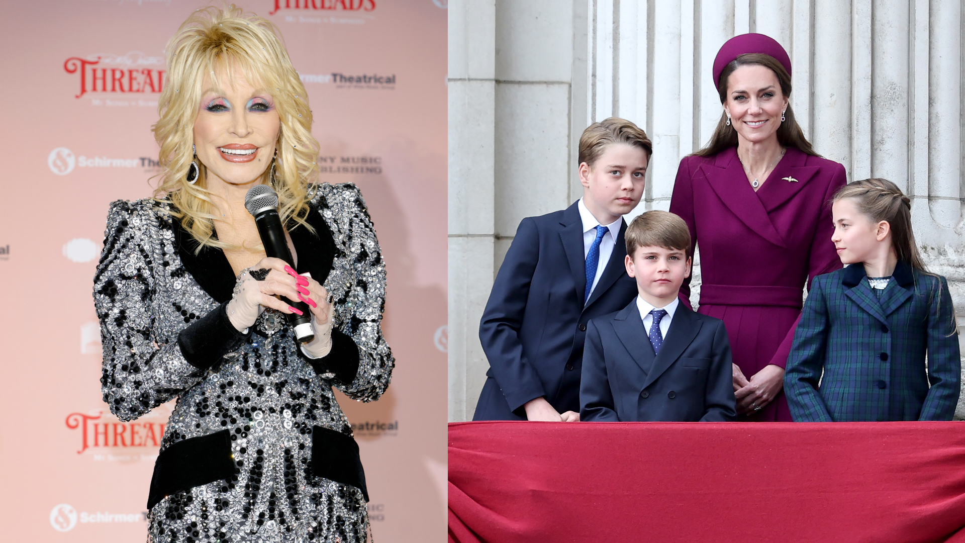 Dolly Parton wearing a black and silver dress speaking in a mic next to a picture of Kate Middleton, Prince George, Prince Louis and Princess Charlotte on the balcony at Buckingham Palace