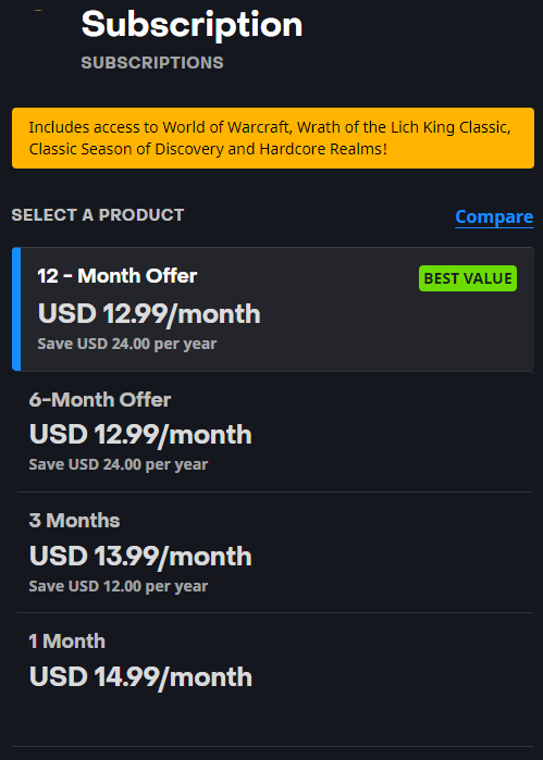 An image showing the various subscription prices for World of Warcraft.