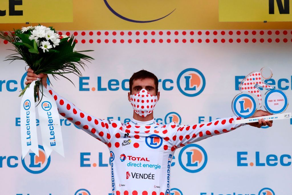 Team Total Direct Energie rider Frances Fabien Grellier celebrates his polka red dots jersey of best climber on the podium at the end of the 1st stage of the 107th edition of the Tour de France cycling race 156 km between Nice and Nice on August 29 2020 Photo by Christophe Petit Tesson POOL AFP Photo by CHRISTOPHE PETIT TESSONPOOLAFP via Getty Images
