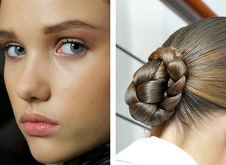 Close up views of natural make-up and plaited bun hairstyle