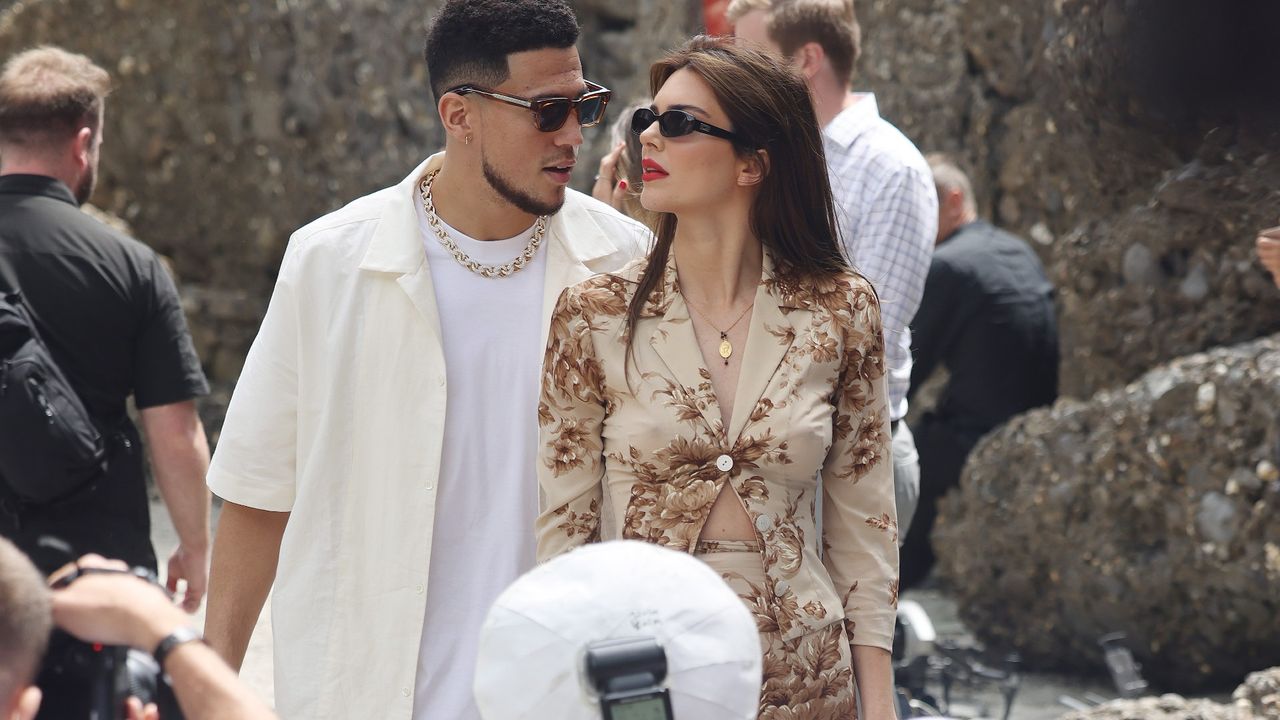 Kendall Jenner and Devin Booker arriving for lunch at the Abbey of San Fruttuoso on May 21, 2022 in Portofino, Italy