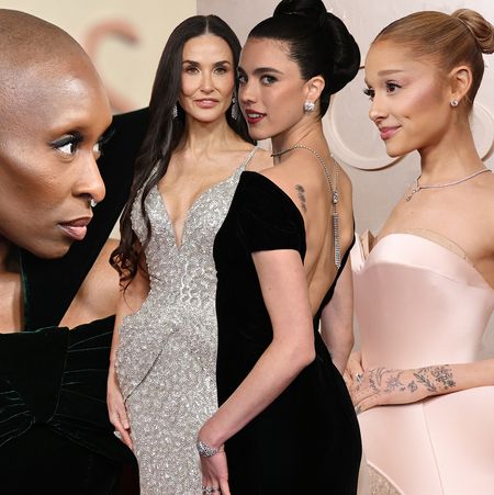 A Marie Claire graphic of Cynthia Erivio, Demi Moore, Margaret Qualley, and Ariana Grande at the 2025 Oscars red carpet