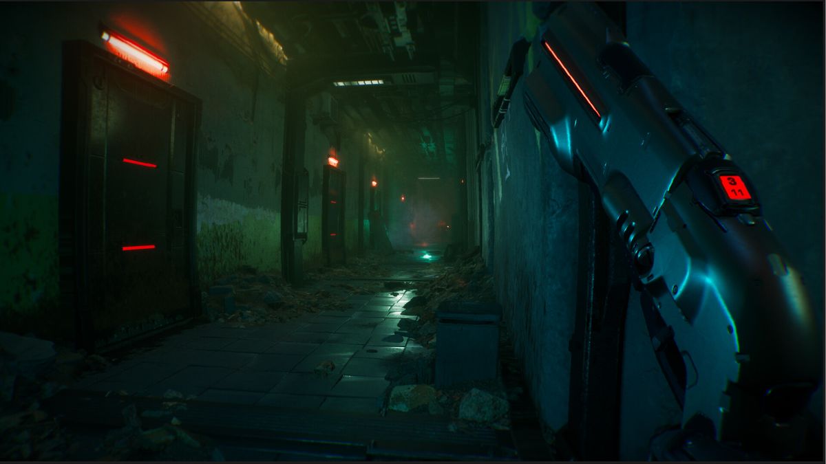 reloading shotgun with readout while looking down dimly-lit hallway in Defect