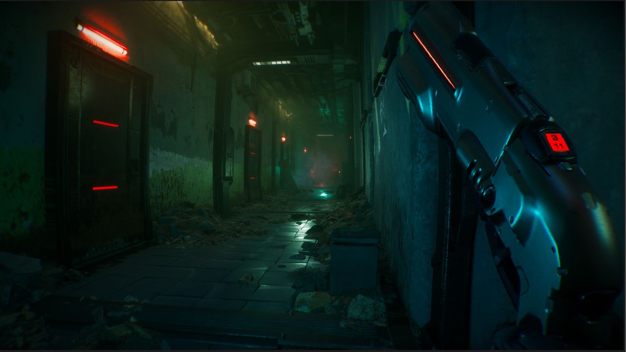 reloading shotgun with readout while looking down dimly-lit hallway in Defect