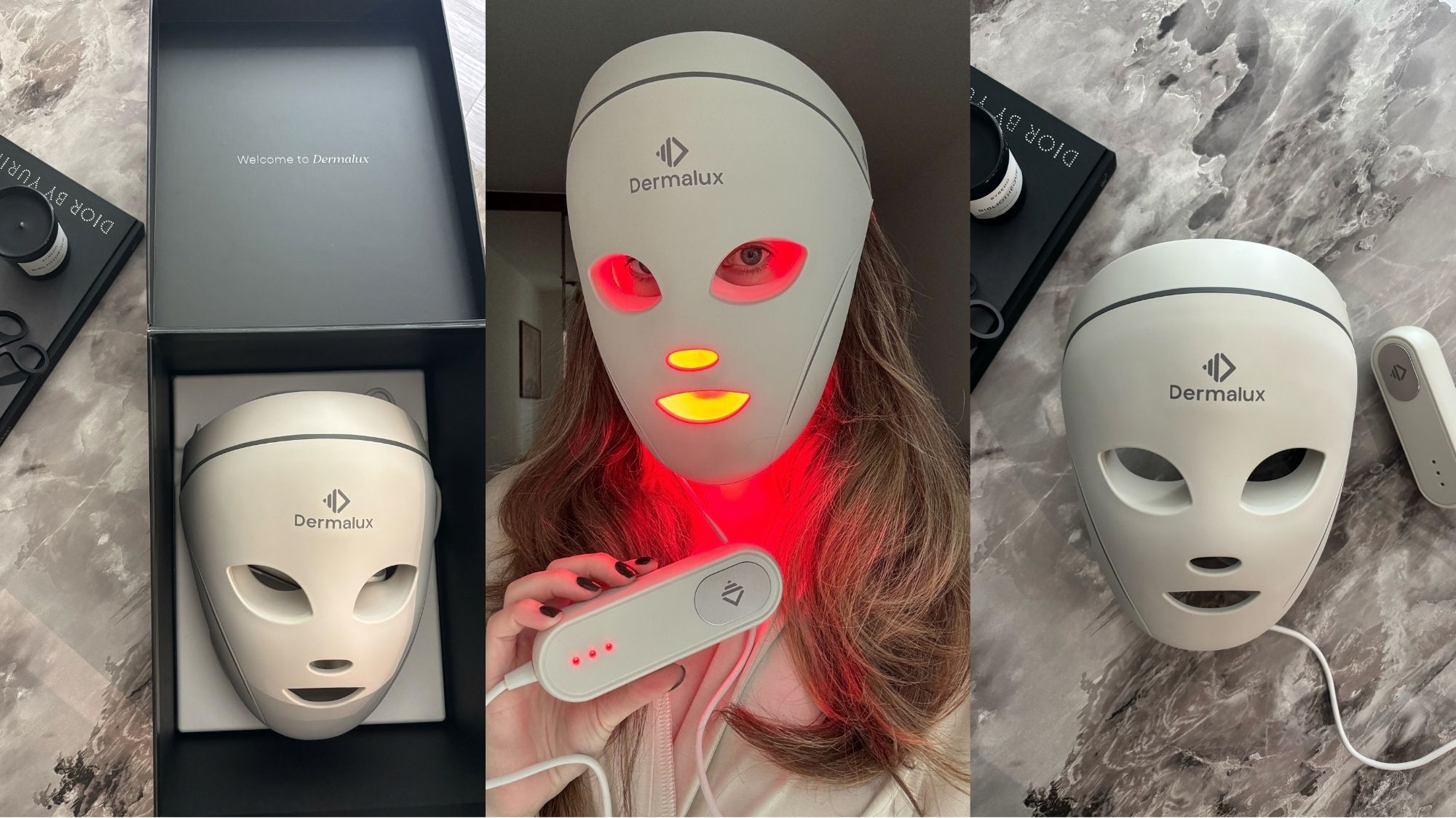 A collage of deputy beauty editor Grace Lindsay testing the Dermalux LED Face Mask