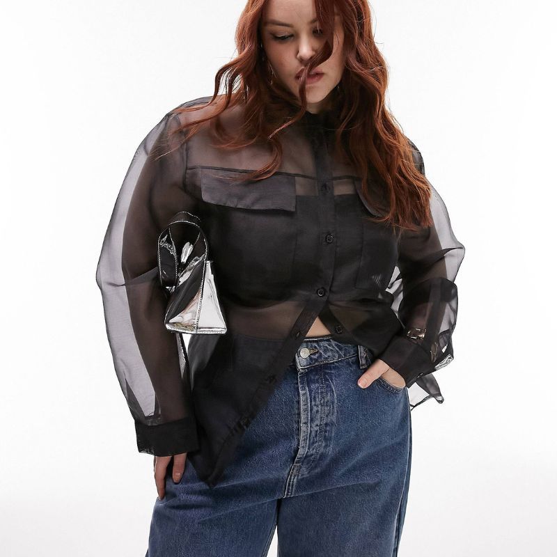 model wearing topshop black organza sheer shirt