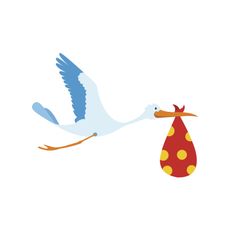 Flying stork with a bundle icon in flat style isolated on white background