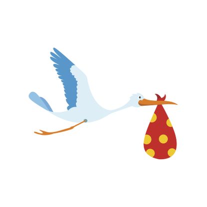 Flying stork with a bundle icon in flat style isolated on white background