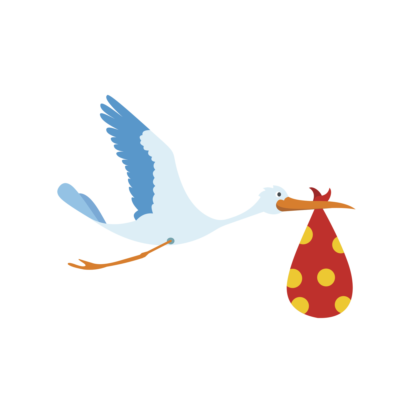 Flying stork with a bundle icon in flat style isolated on white background