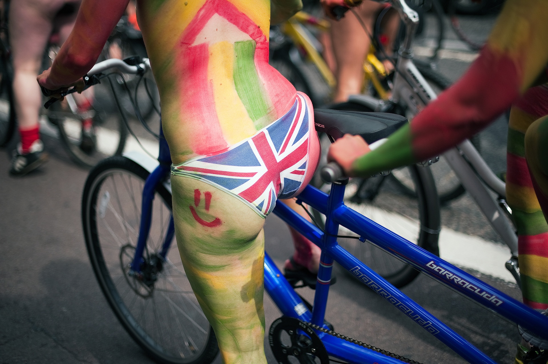 Cyclists takes part in the annual "London World Naked Bike Ride" event in Piccadilly, central London on June 12, 2010.