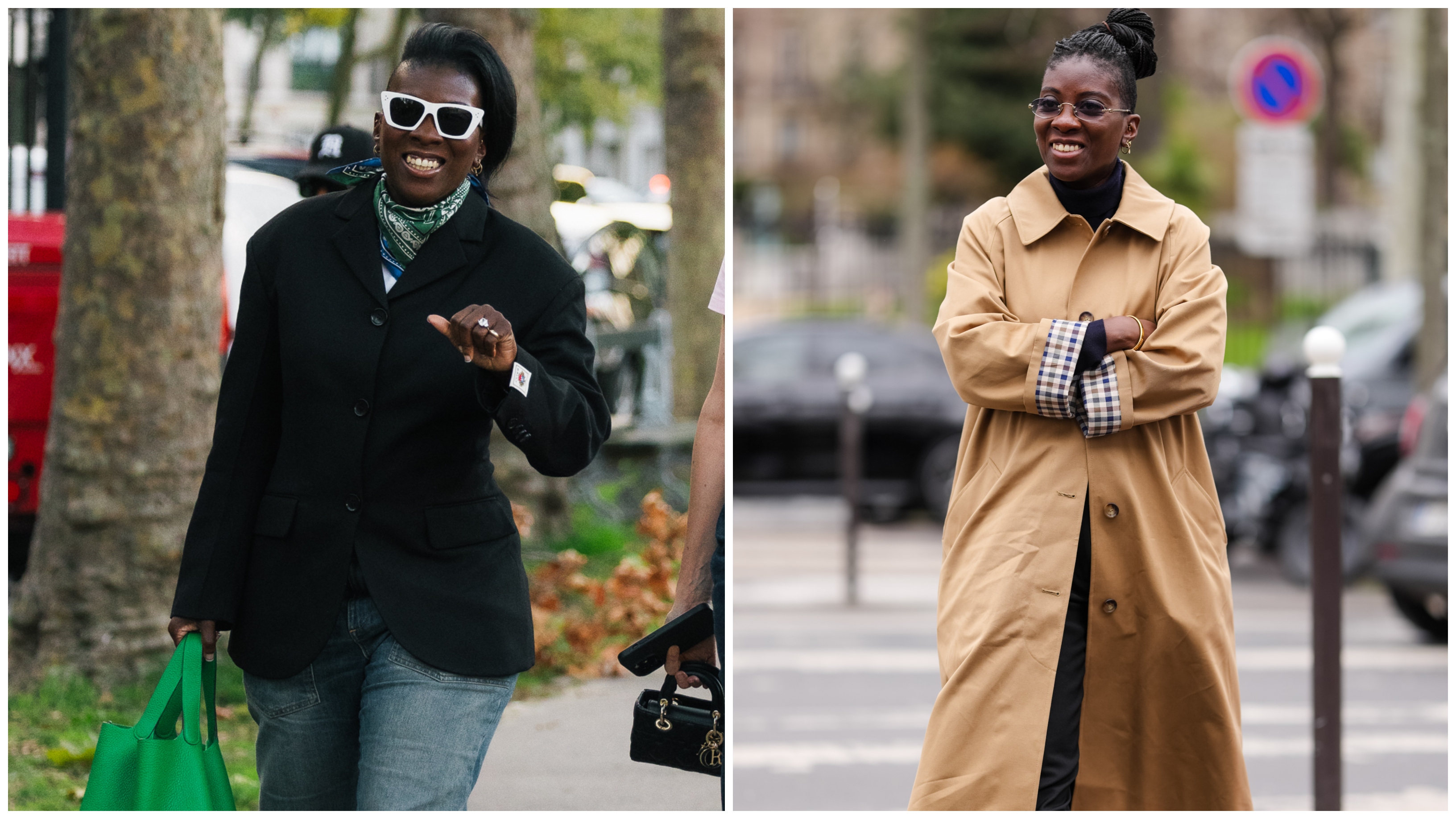 Nikki Ogunnaike wearing barrel jeans, a black jacket, and a green bag; Nikki Ogunnaike wearing Sezane's Clyde trench coat