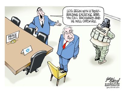 Editorial cartoon peace talks Bibi Hamas