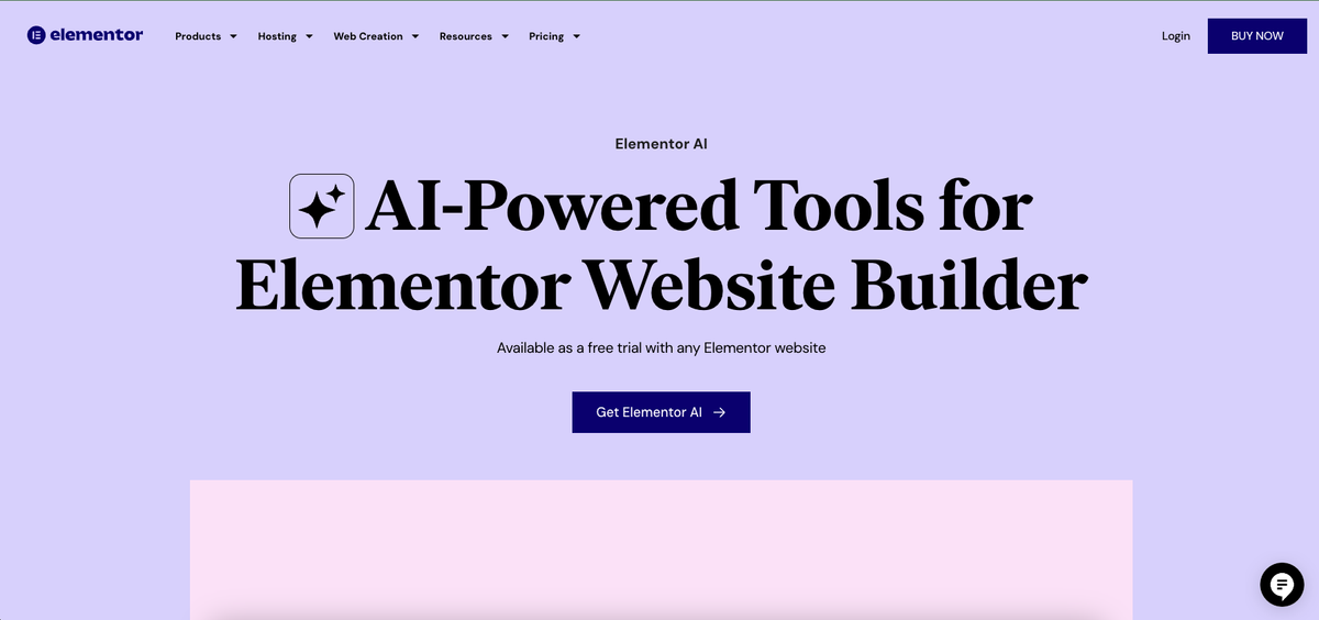 screenshot of elementor AI website builder homepage 