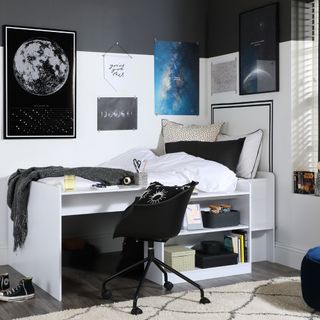 monochrome bedroom with storage bed and artwork
