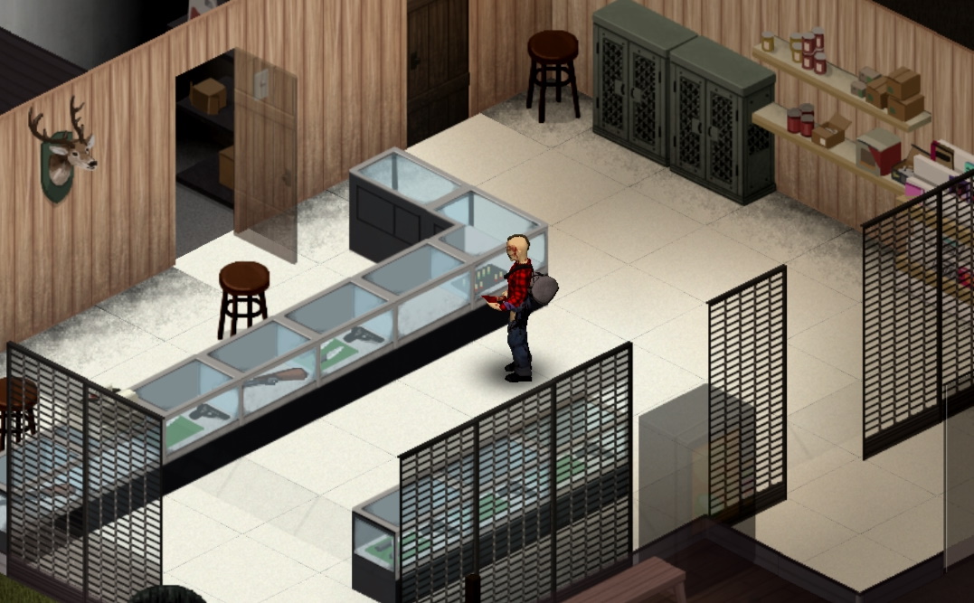 project zomboid character in a gun store