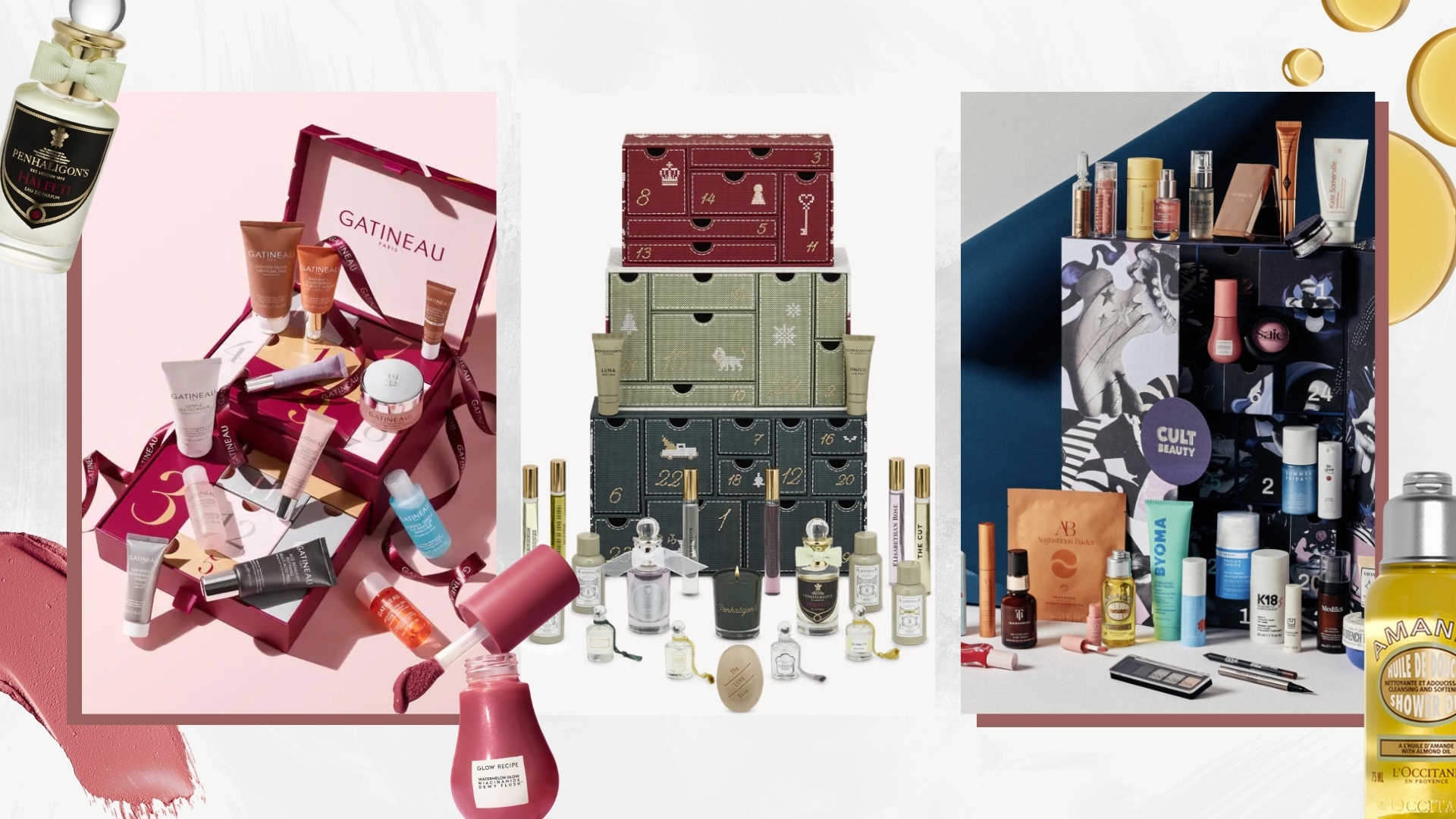 Collage of beauty advent calendars from Gatineau, Penhaligon's and Cult Beauty, on a white background with products and swatches