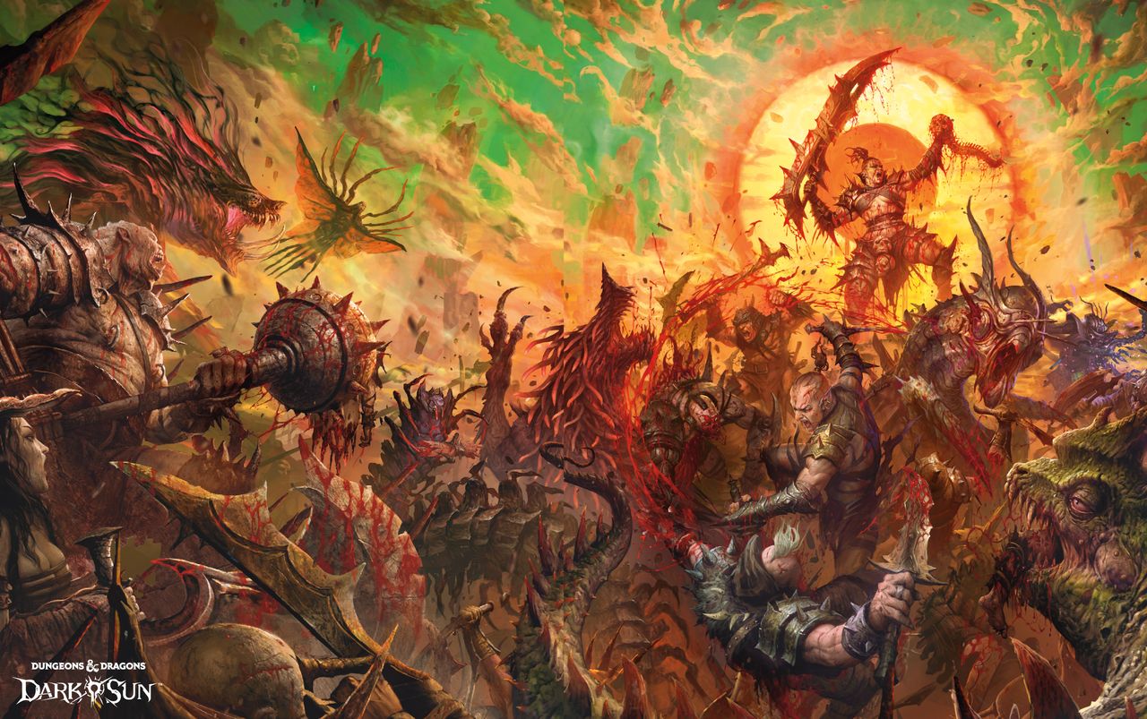 A warrior holding up a severed head and spine roars while warriors and monsters battle one another