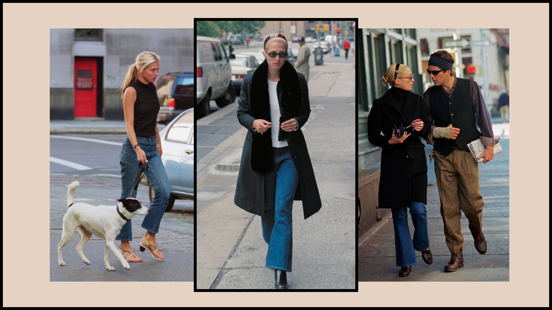 collage of carolyn bessette kennedy wearing bootcut jeans with black border on beige background