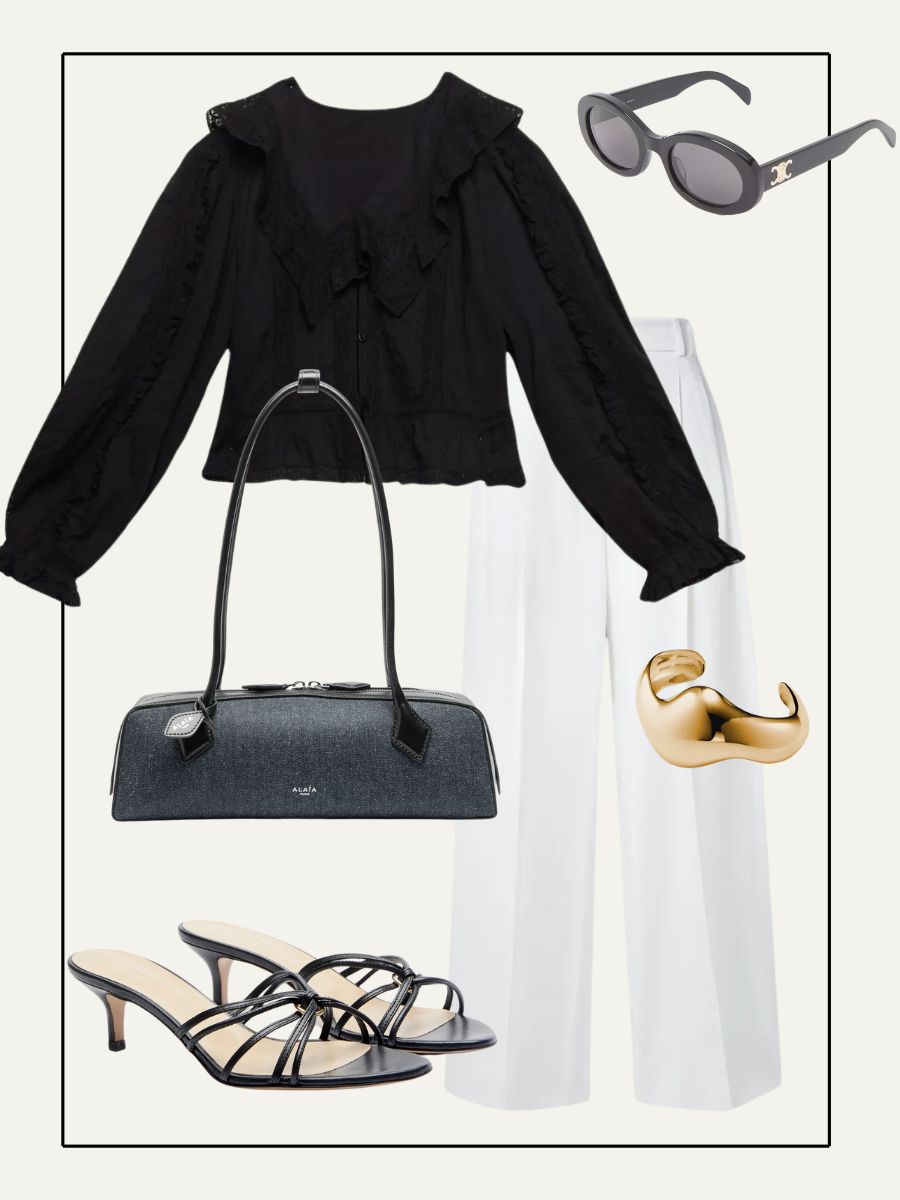 Collage of shirt, bag, flat shoes, linen skirt and sunglasses