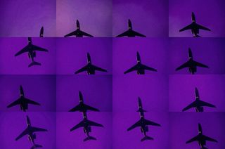 Image made up of sixteen identical photos of a plane on a purple background, each with a different focal point