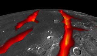 This view looking south across the Ocean of Storms on the moon shows how its western border structures may have looked while volcanically active early in the moon's history. The Ocean of Storms on the nearside of the moon, once thought to have been forged in a giant impact, actually formed from cooling lava, scientists say.