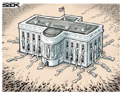 Political cartoon U.S. White House chaos resignations