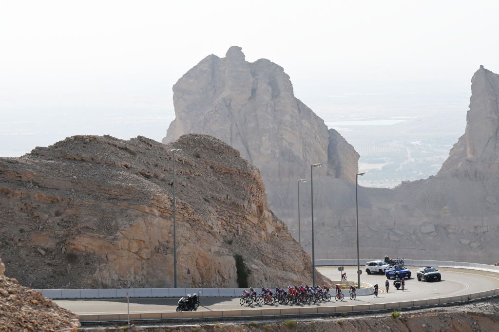 JEBEL HAFEET UNITED ARAB EMIRATES FEBRUARY 08 A general view of the peloton compete climbing to the Jebel Hafeet 1031m during the 3rd UAE Tour Women Stage 3 a 152km stage from Al Ain Qasr Al Muwaiji to Jebel Hafeet UCIWWT on February 08 2025 in Jebel Hafeet United Arab Emirates Photo by Tim de WaeleGetty Images