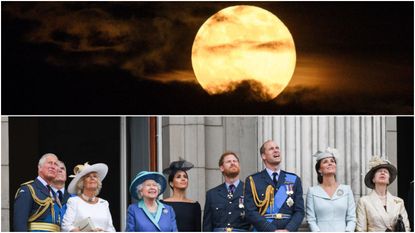 A supermoon rises over Mow Cop Castle near Stoke-on-Trent, central England on May 7, 2020/Prince Charles, Prince of Wales, Camilla, Duchess of Cornwall, Queen Elizabeth ll, Meghan, Duchess of Sussex, Prince Harry, Duke of Sussex, Prince William, Duke of Cambridge, Catherine, Duchess of Cambridge and Princess Anne, Princess Royal stand on the balcony of Buckingham Palace to view a flypast to mark the centenary of the Royal Air Force (RAF) on July 10, 2018 in London, England.